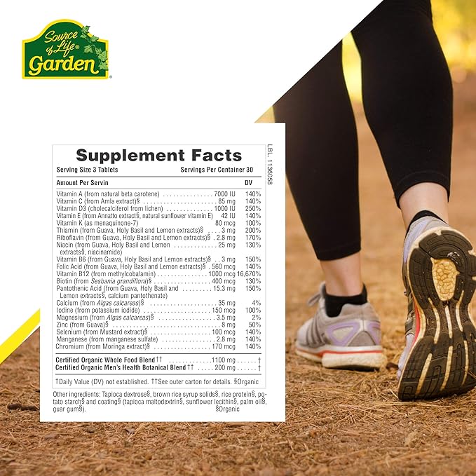 NaturesPlus Source of Life Garden Certified Organic Men's Multivitamin - 90 Vegan Tablets - Pure, Natural Whole Food Ingredients - Energy Boost - Vegetarian, Gluten-Free - 30 Servings