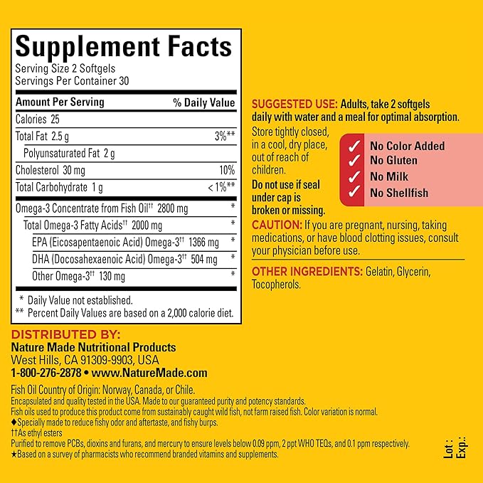 Nature Made Extra Strength Omega 3 Fish Oil Supplements, 2800mg, Fish Oil Omega 3 Supplements as Ethyl Esters for Healthy Heart, Brain, Eyes, Mood Support, 60 Softgels, 30 Day Supply