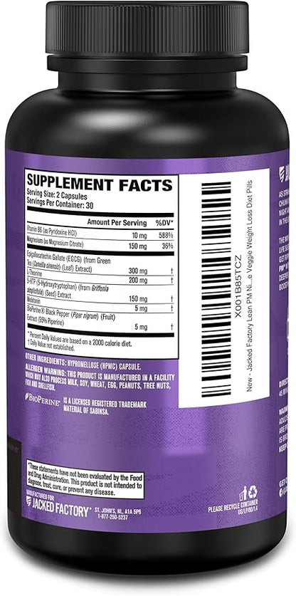 Jacked Factory Lean PM Night Time Fat Burner, Sleep Aid Supplement, & Appetite Suppressant for Men and Women - 60 Stimulant-Free Veggie Weight Loss Diet Pills