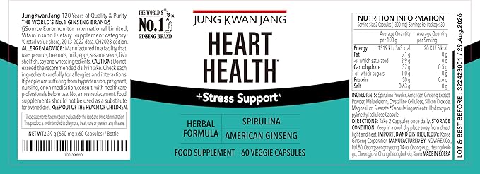 JungKwanJang Heart Health with Spirulina (1,000mg) and American Ginseng (143mg) - Supports Immune System, Heart, Energy, 60 Herbal Capsules for Men and Women