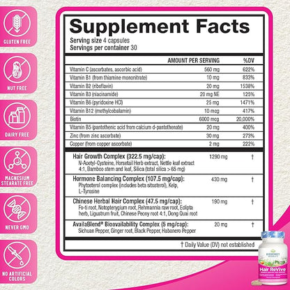 RidgeCrest Herbals Hair ReVive, Nutritional Hair Supplement with Vitamin C, Biotin (6000mcg), Zinc, and Copper, Hair Vitamins for Women to Support Healthy Hair, Skin, and Nails (120 Caps, 30 Servings)