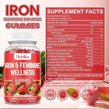 Iron for Women Gummies, 40mg Iron Supplement Anemia with multivitamin for Women, Zinc, Selenium, Iodine - for Iron Deficiency - Natural Hormonal Support for PMS, Strawberry Flavour, 60 Count