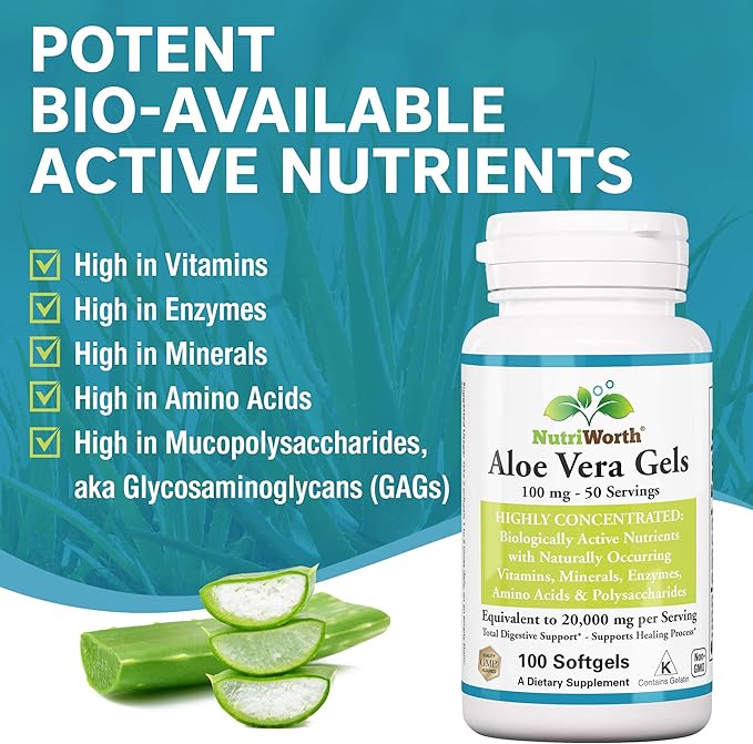 Aloe Vera Supplement (100 Softgels) 20,000mg Pure Gel Equivalency – Made with Organic Aloe Vera