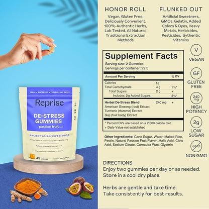 De-Stress Gummies with American Ginseng, Turmeric, and Goji - Assist with Stress Relief & Mood Boost, All-Natural Relaxation, Low-Sugar, 45 Vegan Gummies, Passion Fruit (45 Gummies (Pack of 1))