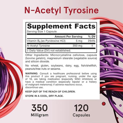 Jarrow Formulas N-Acetyl Tyrosine 350 mg, Brain Support Supplement, Dietary Supplement, Contains Vitamin B6 for Amino Acid Metabolism, 120 Capsules, 120 Day Supply