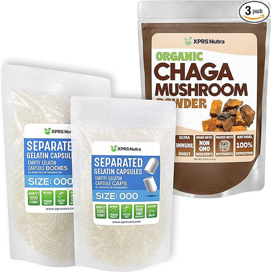 XPRS Nutra Separated Size 000 Capsules (1000 Count) with Chaga Powder (16 Ounce) Bundle