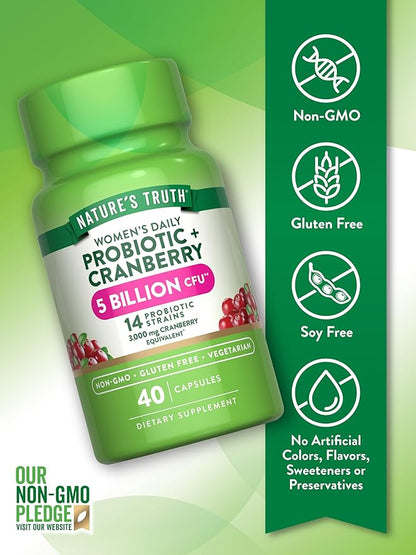 Nature's Truth Probiotics for Women | 5 Billion CFUs Daily | 40 Vegetarian Capsules | with Cranberry | Non-GMO & Gluten Free | No Refrigeration Needed
