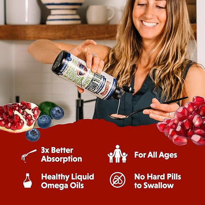 Barlean's Liquid Flaxseed, Borage and Algae Oils Omega 3 Supplement, Pomegranate Blueberry Flavor, Vegan EPA and DHA, Flax and Borage Seed Oil with 3,980 mg of Omega-3-6-9, 16 oz