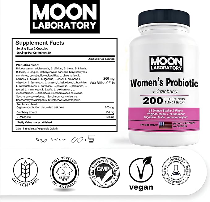 Women's Probiotic & Prebiotic, 200 Billion CFUs, 35 Unique Strains & Fibers. PH balance, Vaginal Health, UTI treatment, Digestione support, Immune boost. With Cranberry & D-Mannose. 60 Capsules