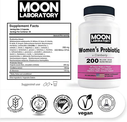Women's Probiotic & Prebiotic, 200 Billion CFUs, 35 Unique Strains & Fibers. PH balance, Vaginal Health, UTI treatment, Digestione support, Immune boost. With Cranberry & D-Mannose. 60 Capsules