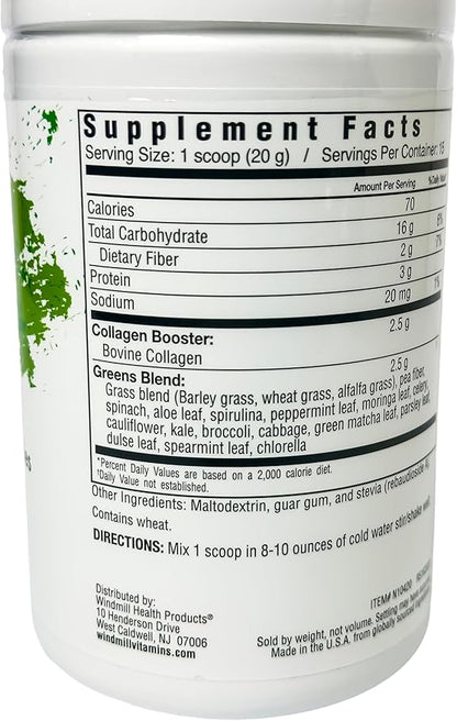Collagen with Organic Beauty Greens with Type I & Type III Peptides. Natural Flavors. Dietary Supplement. Wheat Grass, Barley, Spiraling, Kale, Alfalfa & More. 10.6 oz