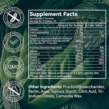 Magnesium Glycinate Gummies 500mg with L-Threonine 300mg - Sugar-Free Magnesium Potassium Supplement with Vitamin D, B6, CoQ10 - Strawberry Flavored - 60 Gummies