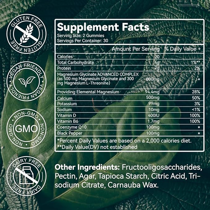Magnesium Glycinate Gummies 500mg with L-Threonine 300mg - Sugar-Free Magnesium Potassium Supplement with Vitamin D, B6, CoQ10 - Strawberry Flavored - 120 Gummies