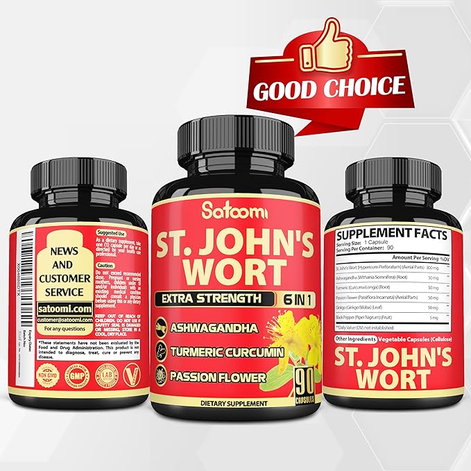 Satoomi St. John's Wort Capsules Extract Supplement - 6 Herbs Equivalent 5050 mg - Emotional Balance, Joyful Mood & Mood Support - 1 Pack 90 Veggie Caps 3-Month Supply