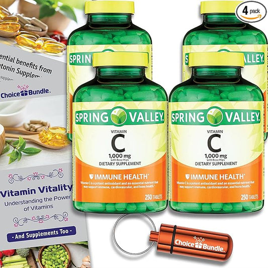 Spring Valley Vitamin C with Rose HIPS Tablets Dietary Supplement 1,000 mg 250 ct 4 pk (1000 Total) + Vitamin Guide & Pill Container (6 Items)!