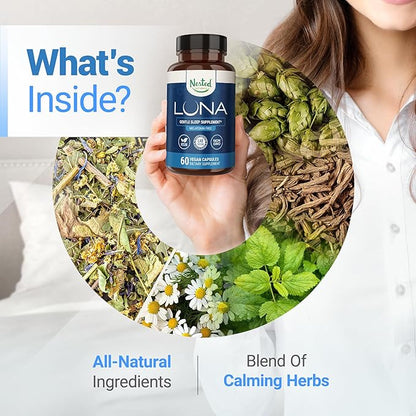 Nested Naturals Luna Melatonin-Free Pack of Two, Bedtime Supplement for Adults, Herbal Nighttime Sleeping Capsule, Valerian Root with Chamomile, Lemon Balm, Non-GMO, Gluten-Free