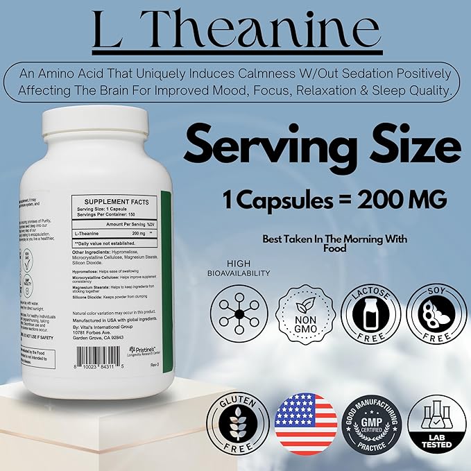 PRISTINE'S L Theanine Sleep Quality Support Amino Acid Supplement - 200MG 150 Day Supply - Relaxation & Mood Support Capsules - Vegan Non-GMO & Gluten Free