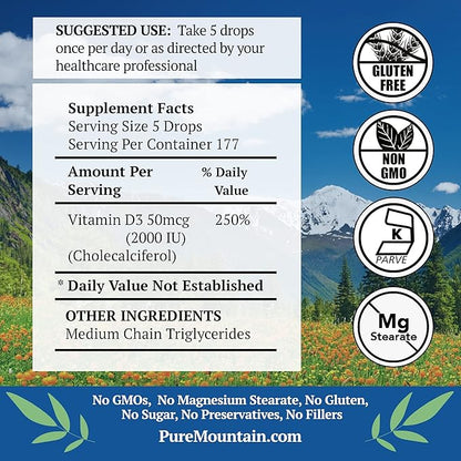 Liquid Vitamin D Drops - Unflavored Kosher D3 Liquid Drops in MCT Oil - 2000iu per Serving - 1oz Bottle
