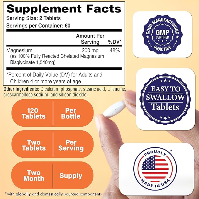 Magnesium Glycinate 200mg 120 Tablets | Fully Reacted Pure Magnesium Bisglycinate 1,540mg | High Absorption, Gentle on Stomach, Supports Relaxation & Nerve Function | Non-GMO by Health Thru Nutrition