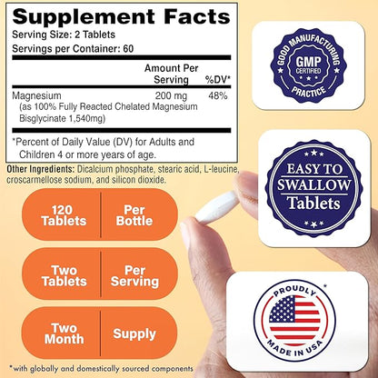 Magnesium Glycinate 200mg 120 Tablets | Fully Reacted Pure Magnesium Bisglycinate 1,540mg | High Absorption, Gentle on Stomach, Supports Relaxation & Nerve Function | Non-GMO by Health Thru Nutrition