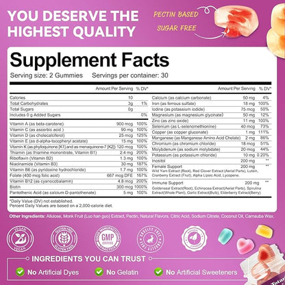 (2 Pcs) Sugar Free Womens Multivitamin Gummies with Iron, Women's Multivitamin w/Vitamins C, D3 K2, B12, B6, Filled Gummies for Daily Nutritional Support| Immune Support| Skin Health, Mixed Flavors