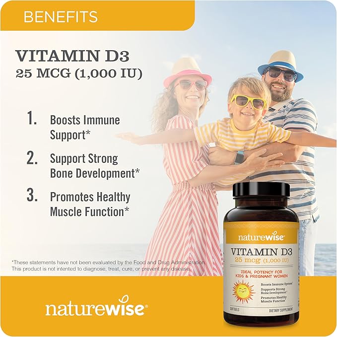 NatureWise Vitamin D3 1000iu (25 mcg) 30-Day Supply for Immune Support, Healthy Muscle Function, and Bone Health - Non-GMO, Gluten Free in Organic Extra Virgin Olive Oil, (Mini Softgel), 30 Count