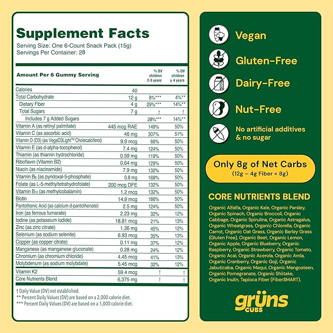 Gruns Kids Vitamins, Super Greens Gummies - Superfood Gummy Bears with Spirulina, Chlorella, Prebiotics Fiber for Digestive Health, Adaptogens Supplement with 20 Vitamins & Minerals, 28 Day Supply