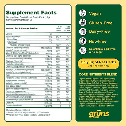 Gruns Kids Vitamins, Super Greens Gummies - Superfood Gummy Bears with Spirulina, Chlorella, Prebiotics Fiber for Digestive Health, Adaptogens Supplement with 20 Vitamins & Minerals, 28 Day Supply
