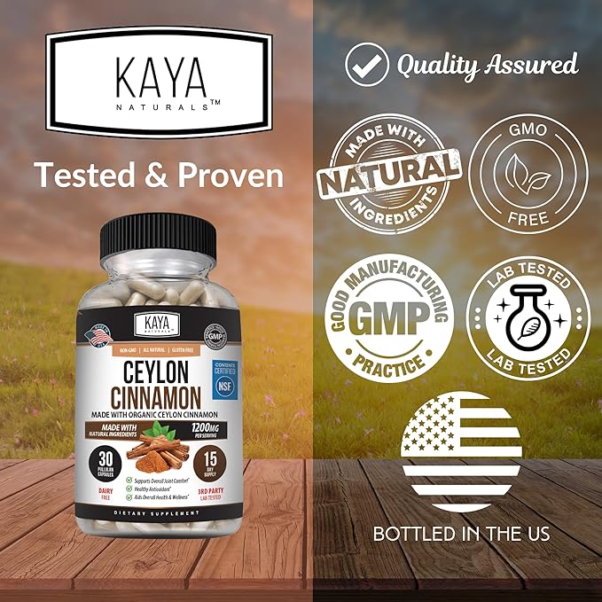 Kaya Naturals Ceylon Cinnamon Supplement | 1200mg per Serving, Vegan - Non-GMO & Gluten Free - 30 Capsules