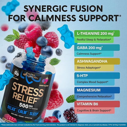Stress Relief Support 500 mg - Relax, Calm & Sleep Support - Stress Gummies with L-Theanine | GABA | Ashwagandha | 5-HTP | Vitamin B6 & Magnesium - Sugar-Free, Vegan, Mixed Berry Flavor - 60 Gummies