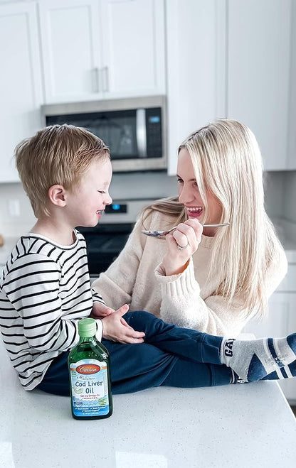 Carlson - Kid's Cod Liver Oil, 550 mg Omega-3s, Plus Vitamins A and D3, Liquid Fish Oil, Wild Caught Norwegian Arctic Cod, Sustainably Sourced Nordic Fish Oil, Green Apple, 250 mL (8.4 Fl Oz)