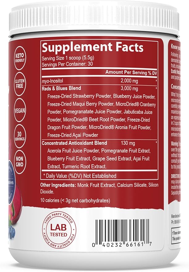 PEScience Reds & Blues Superfoods Powder, 30 Servings, Myo-Inositol Supplement, Beet Root Powder, Pomegranate and Acai Extract, Freeze-Dried Antioxidant Fruit Blend