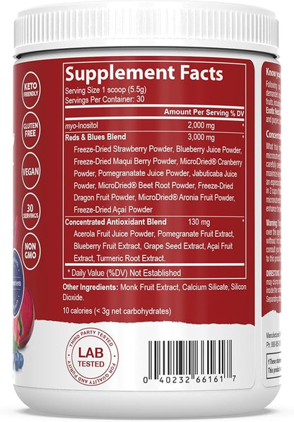 PEScience Reds & Blues Superfoods Powder, 30 Servings, Myo-Inositol Supplement, Beet Root Powder, Pomegranate and Acai Extract, Freeze-Dried Antioxidant Fruit Blend