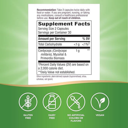 Nature's Way Cordyceps Premium Herbal - 1,000 mg Per 2-Capsule Serving - Traditional Support for Vitality & Endurance* - Mushroom Supplement - Gluten Free - 60 Vegan Capsules