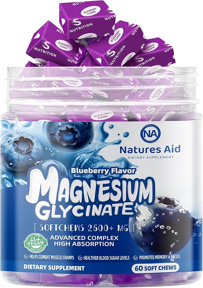Magnesium Glycinate Soft Chews, Blueberry Flavor.Chewable Sugar Free Potassium Magnesium Chews with Magnesium Glycinate, Vitamin D, B6, and CoQ10 for Calm Support & Sleep for Adults, 60 Days Supply