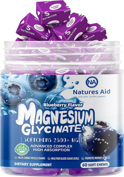 Magnesium Glycinate Soft Chews, Blueberry Flavor.Chewable Sugar Free Potassium Magnesium Chews with Magnesium Glycinate, Vitamin D, B6, and CoQ10 for Calm Support & Sleep for Adults, 60 Days Supply