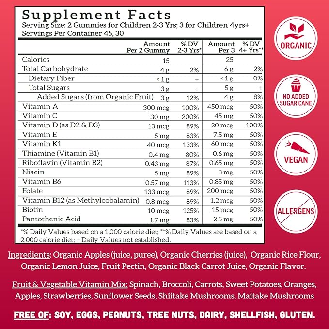Llama Naturals Kids Multivitamin Gummies, Vegan, Organic with Vitamin D, C & K, Toddler Real Fruit Gummy Vitamins, Chewable Supplement, Whole Food Multivitamin, No Added Sugar Cane, Cherry, 2 Pk