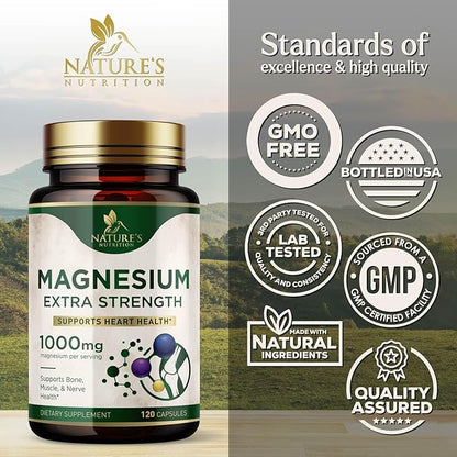 Magnesium Supplement (Citrate Oxide) 1000mg for Best Absorption, Supports Bone, Heart Health, Nerves, Muscles & Metabolism, Nature's Pure Magnesio Vitamin Pills, Bottled in USA, 120 Capsules