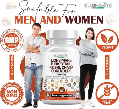 Extra Strength Lions Mane 4000mg Mushroom Supplement Turkey Tail 3500mg (Reishi, Cordyceps, Chaga 1500mg each) Maitake Meshima Poria Cocos Shiitake Oyster Porcini Enoki 90 Capsules Made In USA