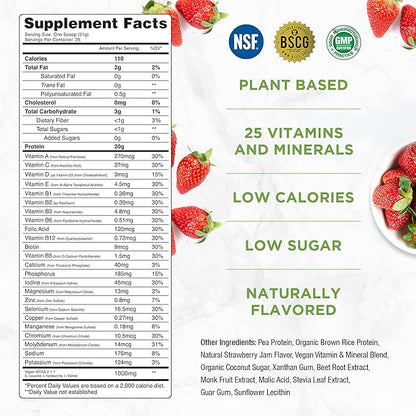 TRU Supplements Plant Based Protein Powder, BCAA, EAA, 20g Vegan Brown Rice & Pea Protein, 100 Calories, 27 Vitamins, No Artificial Flavors 25 Servings (Strawberry Jam)