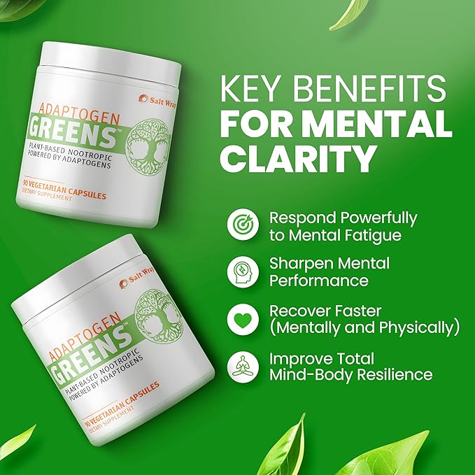 SaltWrap Adaptogen Greens - Mind-Body Resilience Formula - Caffeine-Free Nootropic for Stress, Focus, and Cognitive Performance - 90 Capsules