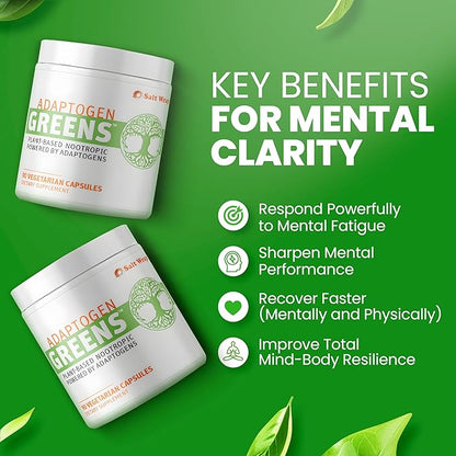 SaltWrap Adaptogen Greens - Mind-Body Resilience Formula - Caffeine-Free Nootropic for Stress, Focus, and Cognitive Performance - 90 Capsules