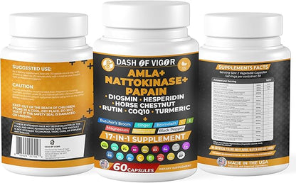 Dash of Vigor 17-in-1 Amla Extract, Papain Supplement, Nattokinase Diosmin Hesperidin Supplement, CoQ10 with Turmeric Extract, Horse Chestnut Extract, Vitamin C and Rutin, USA, 60 Capsules