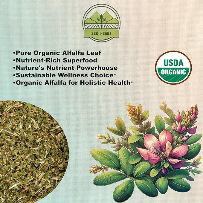 ZeeHERBS Organic Alfalfa Leaf 4 oz. (113g) Pack, USDA Certified Organic Alfalfa Leaf Herb Loose Leaf Tea, Premium Quality Medicago Sativa Herb, Cut & Sifted, Alfalfa Tea Leaves