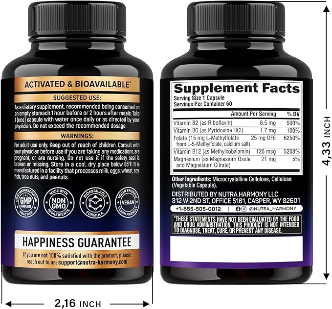 L Methylfolate 15 mg - 5-MTHF Methylfolate Supplement - plus Methyl B12, Vitamins B2 & B6, Magnesium - BioActive Vitamin B9 - Methylation Support, Energy & Brain - Made in USA, 60 Capsules for 2 Month