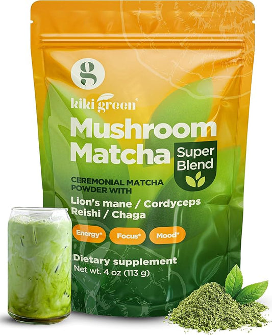 KIKI Green Mushroom Matcha Powder Super Blend 4 oz - Mushroom Coffee Alternative for Better Energy, Focus, Immunity - with Lion's Mane, Chaga, Reishi, Cordyceps