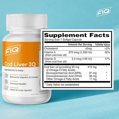 FIQ - Cod Liver IQ - Cod Liver Oil Softgels - Natural Source of Vitamins A & D and Omega-3 Fatty Acids - Heart, Liver & Immune Health - 100 Softgels