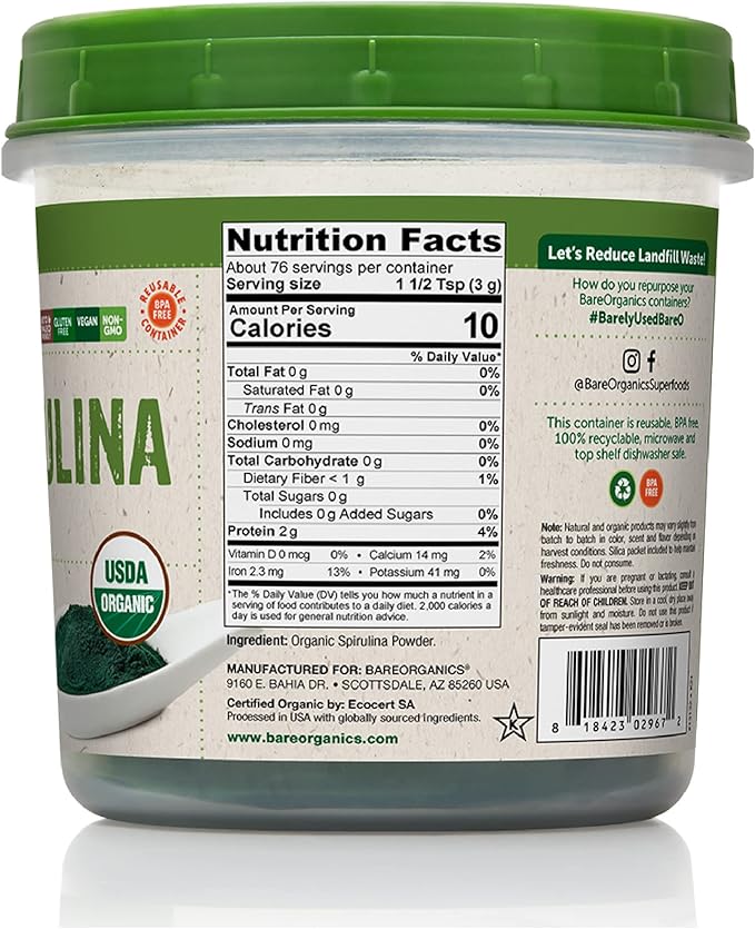 BareOrganics 13132 USDA Organic Raw Spirulina Powder, Whole Food Supplement, Gluten-Free & Non-GMO, 8 Ounce (Pack of 3)