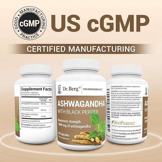 Dr. Berg Ashwagandha Capsules 1000mg - Includes Ashwagandha Root with Black Pepper from Bioperine - Ashwagandha Supplements 90 Capsules