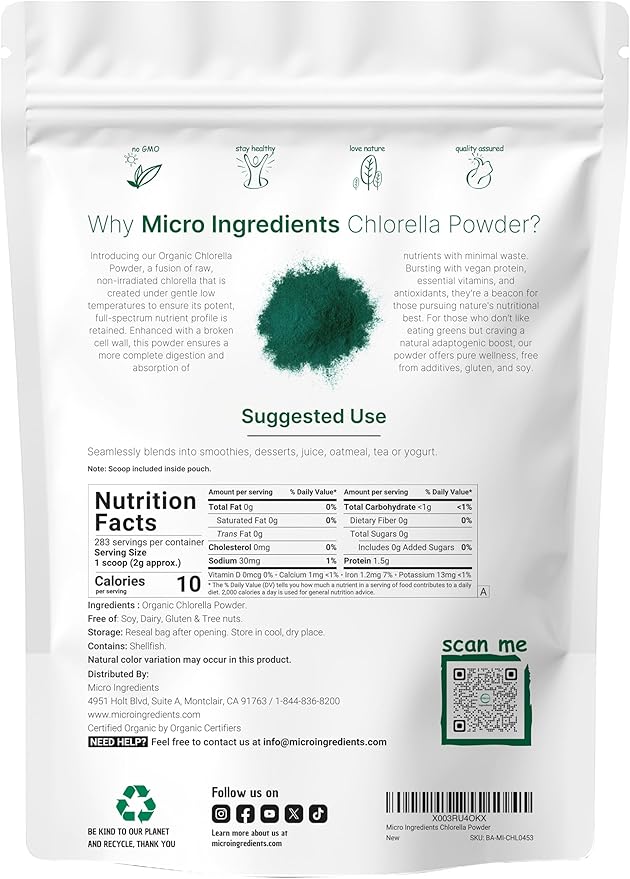 Micro Ingredients Organic Chlorella Powder, 20 Ounces | Broken Cell Wall for Complete Absorption | Raw Superfood Supplement, Rich in Protein & Vitamins | Non-GMO, Vegan, Non-Irradiated